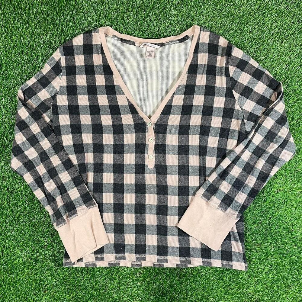 Y2K Victoria Secret pink and black plaid long sleeve thermal PJ shirt (XL)